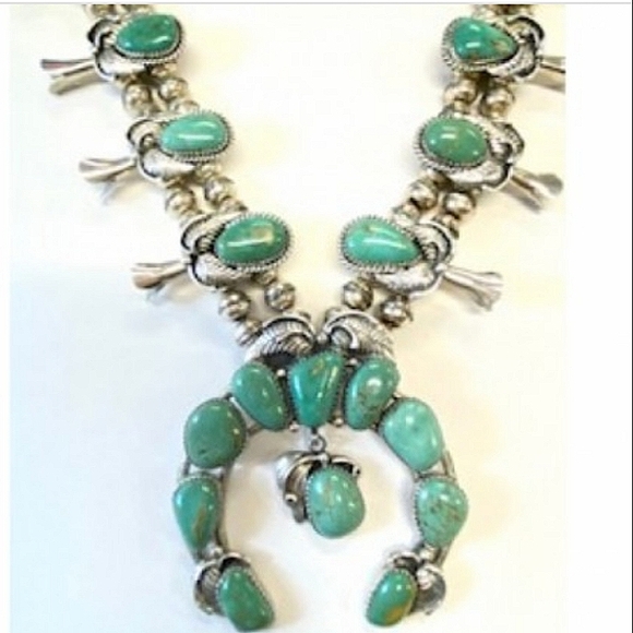 Squash Blossom South Western Turquoise Sterling Silver Necklace - Picture 4 of 4